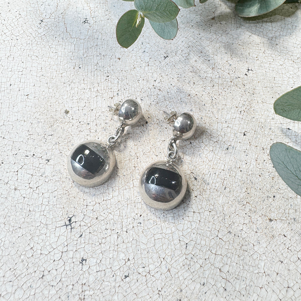 Vintage Black Hemisphere Silver Earrings