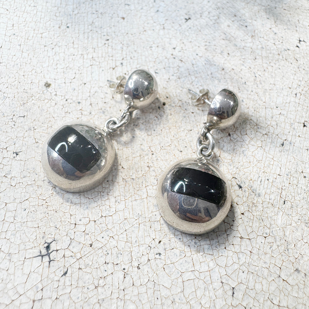 Vintage Black Hemisphere Silver Earrings